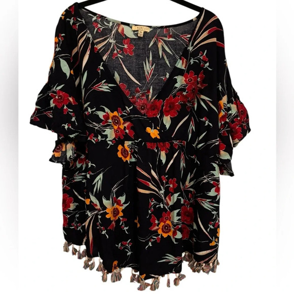 Kori Tops - Kori Floral Blouse with Tassel Fringe Hem